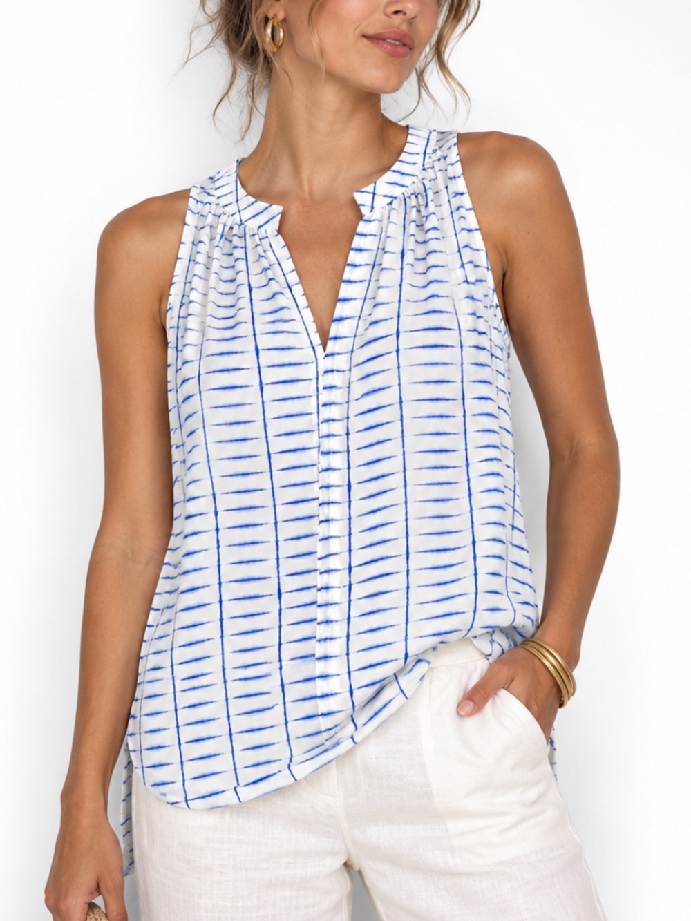 Ellie Kai 100% Silk Sleeveless Notch Neck Blue White Watercolor Grid Shell Top 8